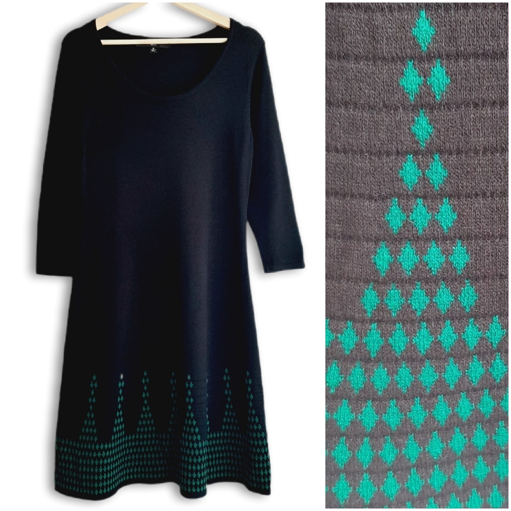 NINE WEST Sweater Intarsia Hem Fine Knit Scoop Neck Dress Black Green Sz M